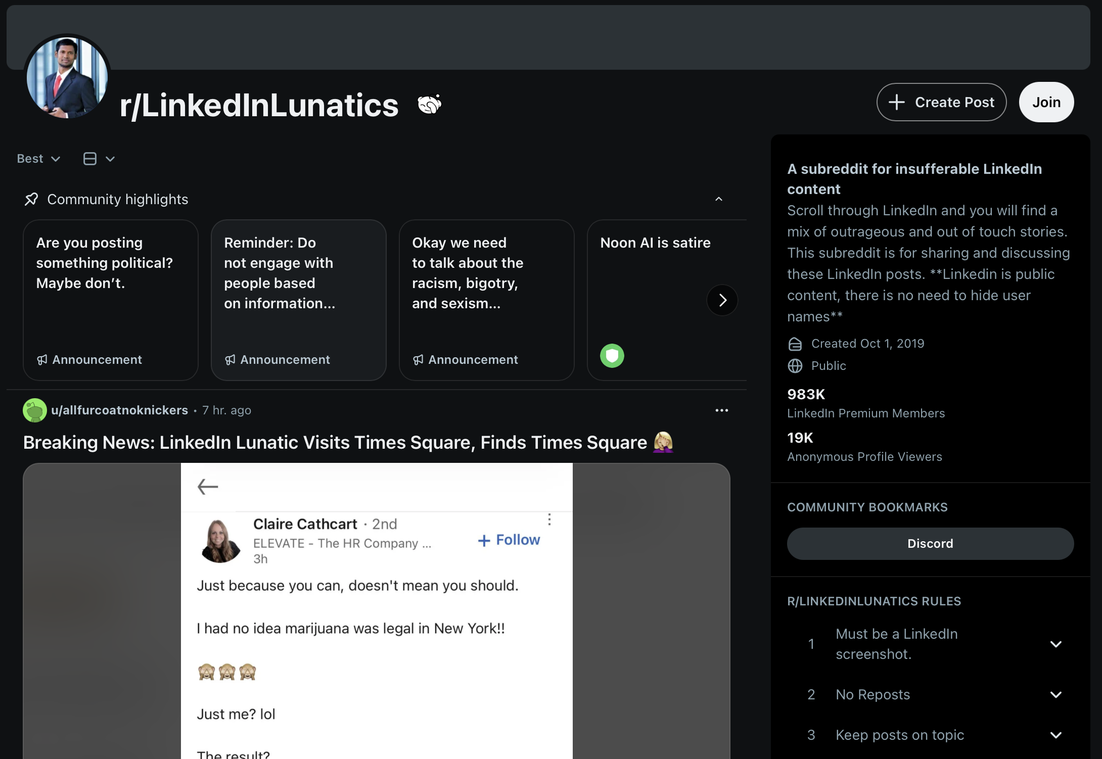 Screenshot of a subreddit dedicated to mocking LinkedIn content